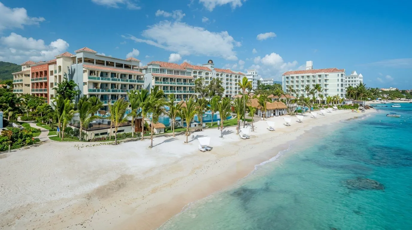 Sandals Dunn's River main pool after the 2023 Sandals 2.0 renovation — home to Edessa, Zuka, and La Monde restaurants